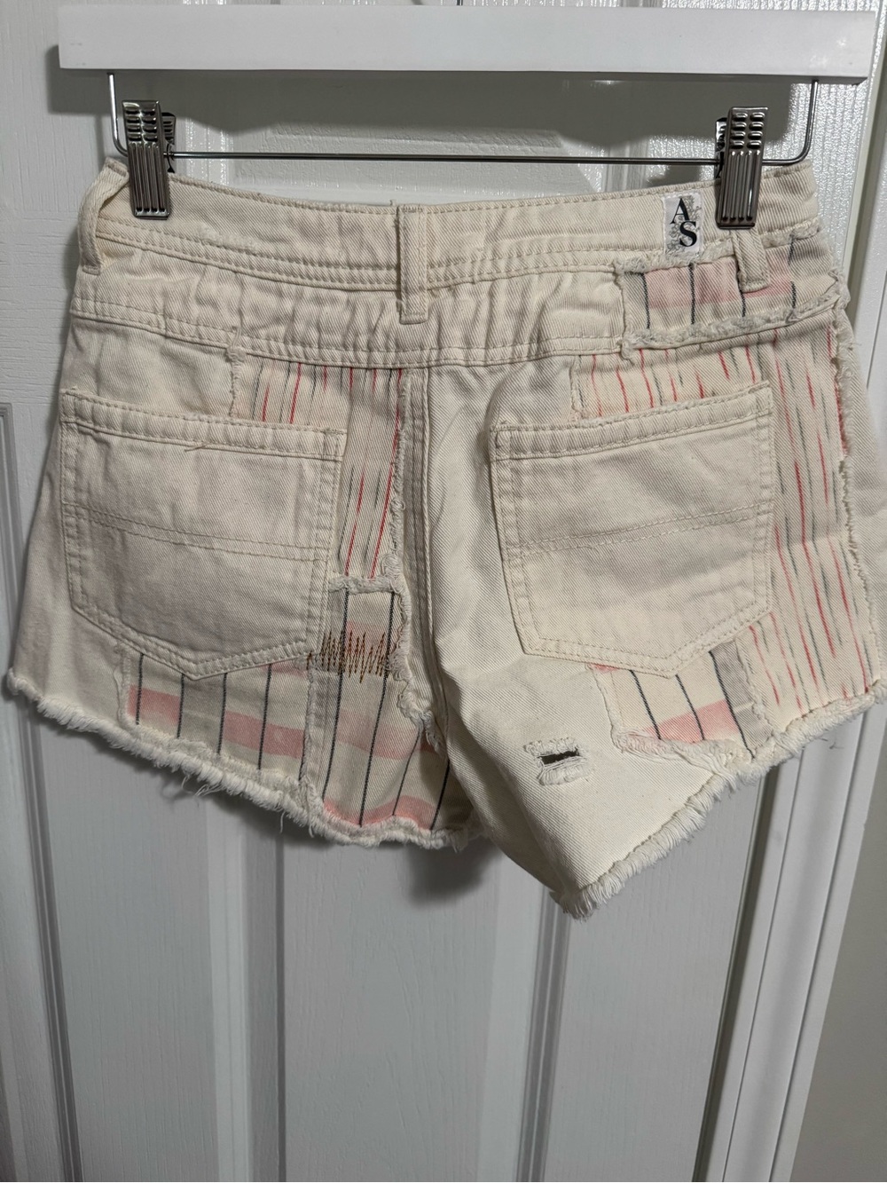 Altar'd State Cream Distressed Patchwork Jean Shorts with Rope Tie - Picture 2 of 8